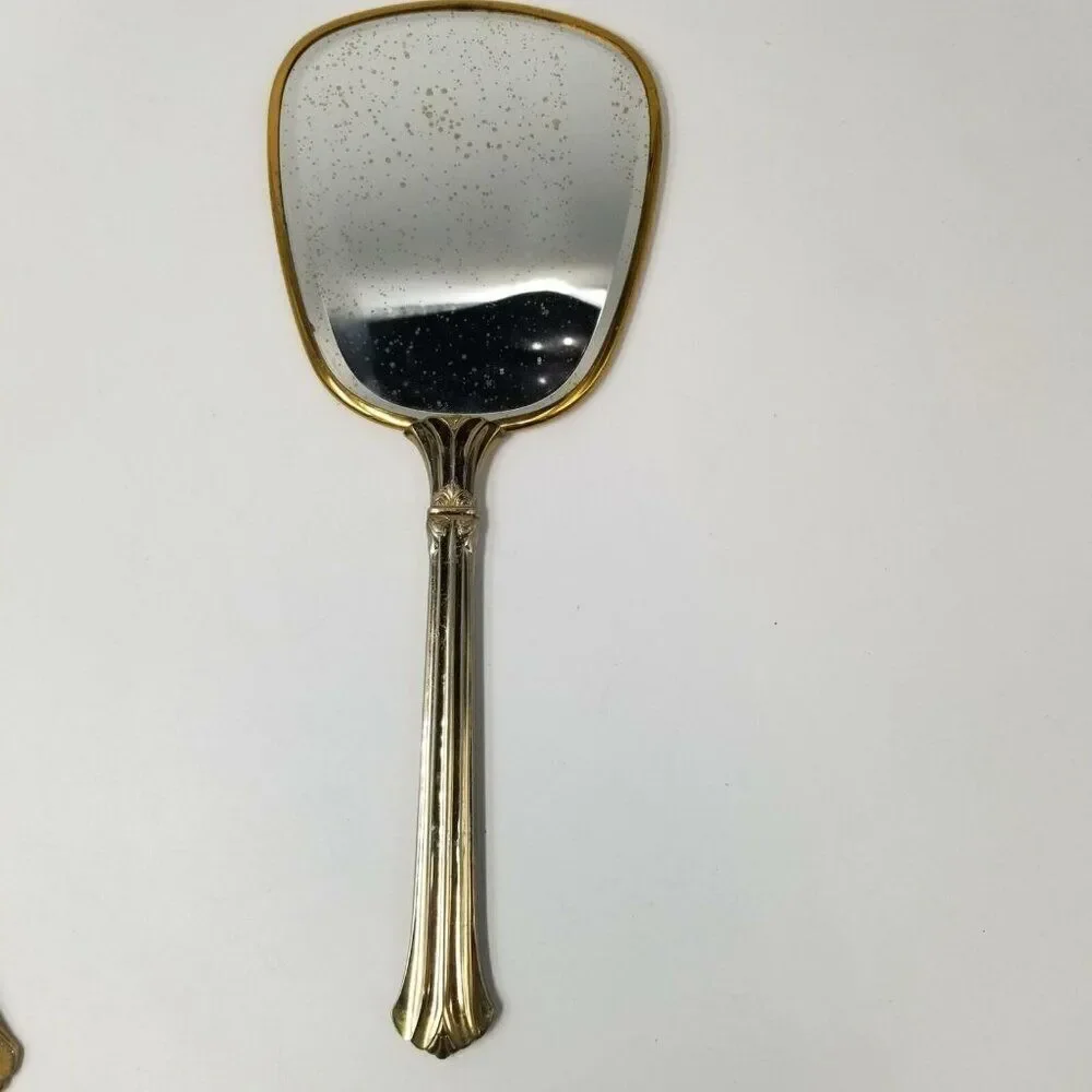Vintage 40s Matson Vanity Dresser Hand Mirror Gold Comb Brush Hollywood Regency